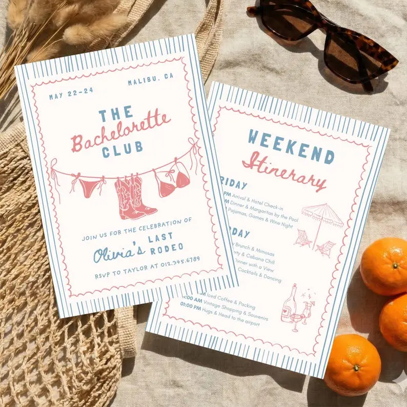 Bachelorette Club invitation bundle laid out like a members' club card with a ruled border and crest in oxblood and cream
