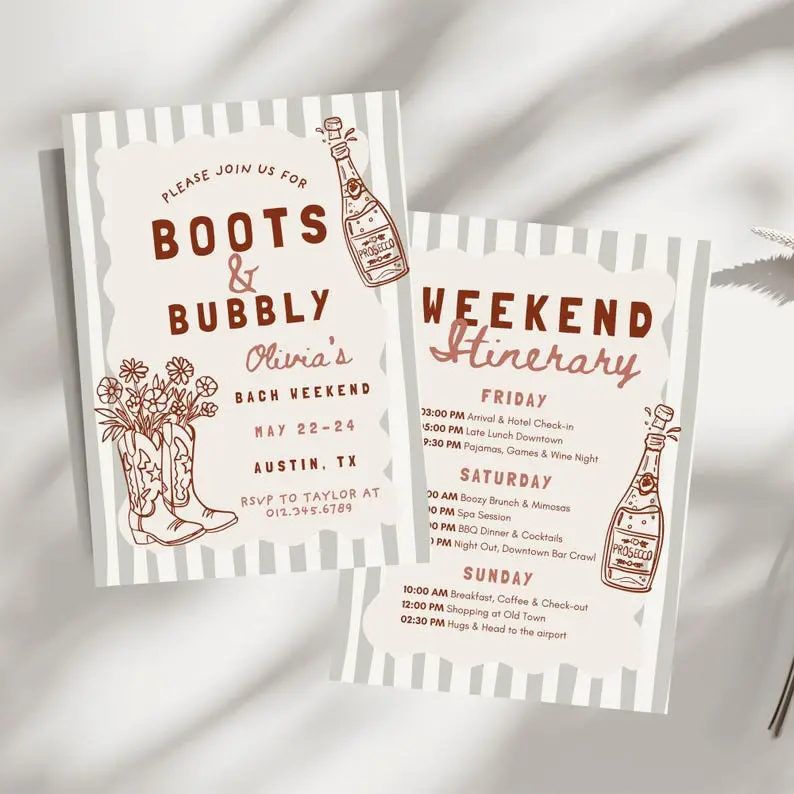 Boots & Bubbly bachelorette invitation on a sage striped card in terracotta, with a hand-drawn pair of cowboy boots full of wildflowers and a prosecco bottle, beside a matching weekend itinerary card