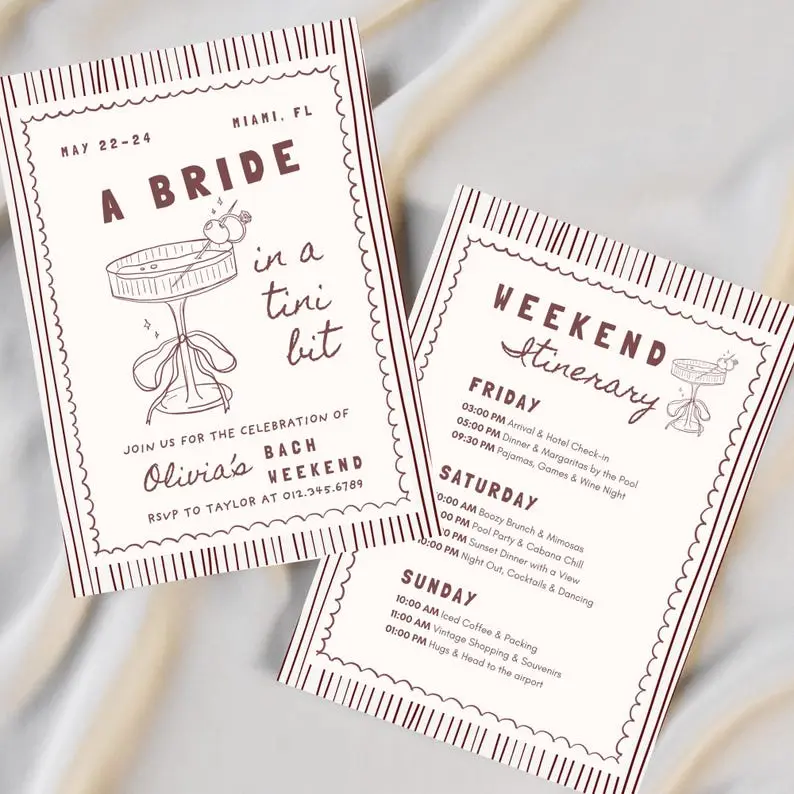 Bride in a Tini Bit bachelorette invitation with a hand-drawn espresso martini coupe and three coffee beans on deep coffee brown
