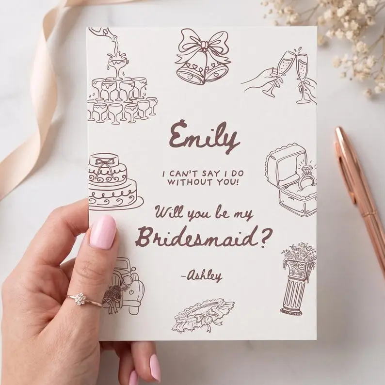 Bridesmaid proposal card template in soft ink script on cream card stock, shown with a maid of honor wording variant