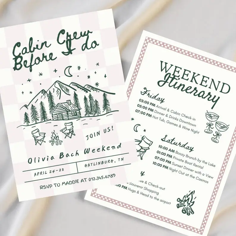 Cabin Crew Before I Do mountain bachelorette invitation bundle with pine silhouettes in forest green and woodsmoke grey, shown with a weekend itinerary card