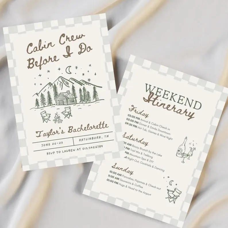 Cabin Crew Before I Do mountain bachelorette invitation as a single portrait card with pine linework in forest green