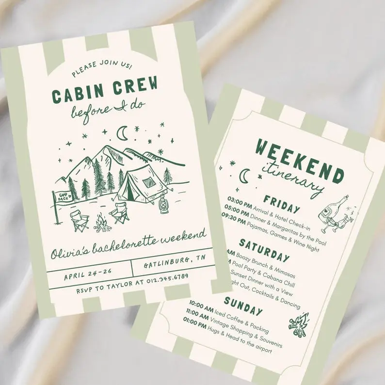 Cabin Crew Before I Do three-day mountain bachelorette itinerary card with a wide schedule grid and meals row in forest green