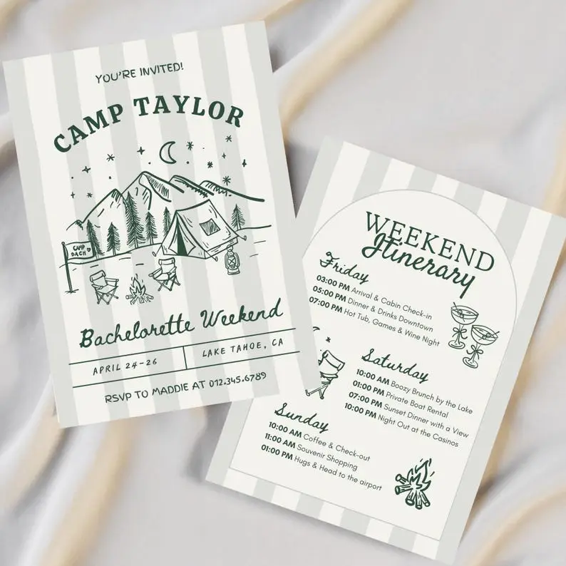 Camp bachelorette invitation with summer-camp lettering, canoe and pine motifs in national-park green, beside a lake weekend itinerary card