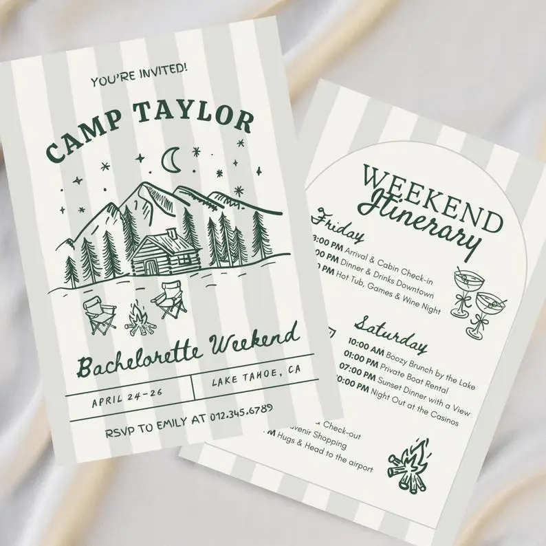 Camp Taylor bachelorette invitation in forest green on a sage striped card, with hand-drawn mountains, a cabin, pines and a campfire with two camp chairs under a crescent moon, beside an arched weekend itinerary card