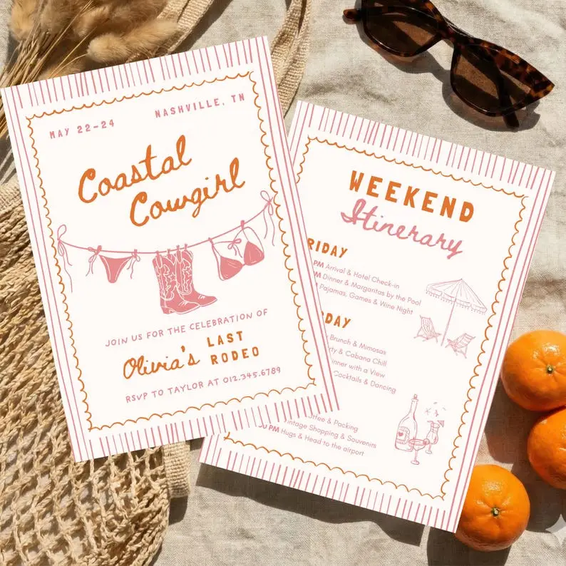 Coastal cowgirl bachelorette invitation with a boot in the sand drawn in faded turquoise and worn leather brown, with a two-column itinerary