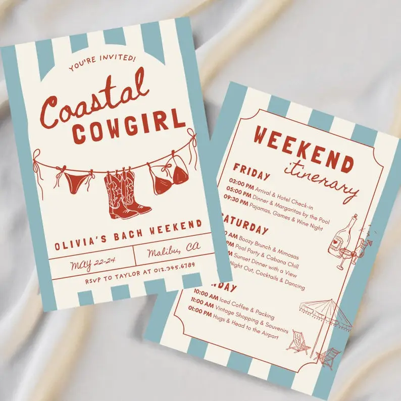 Coastal cowgirl bachelorette invitation bundle with a boot and seashell in faded denim blue and sun-worn tan on textured paper