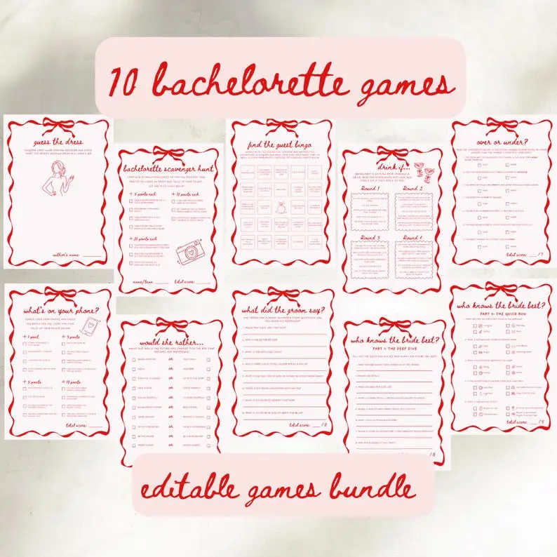 Coquette bachelorette games bundle with cherry red bows and ribbon borders on cream cards, arranged four to a page