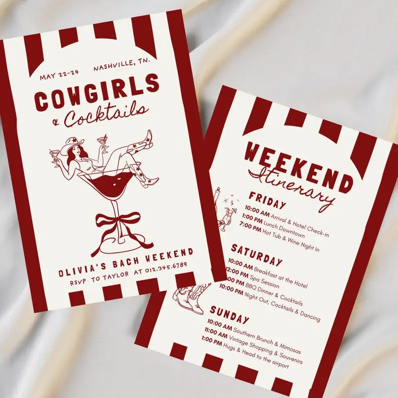 Cowgirls and Cocktails Nashville bachelorette invitation with boots and a martini glass in hot pink and worn denim