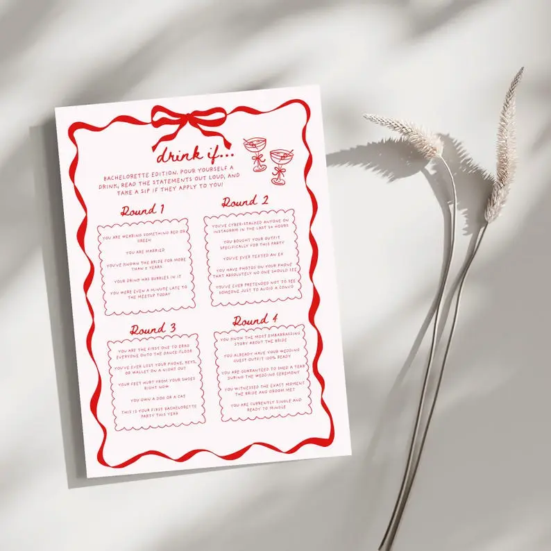 Drink If game card on cream with a red wavy ribbon border and bow, two drawn cocktail coupes at the top and four rounds of statements in scalloped boxes