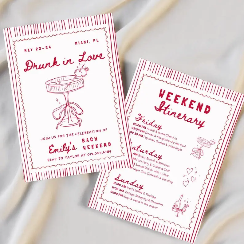 Drunk in Love bachelorette invitation with a cocktail glass tied in a cherry red ribbon bow on soft blush