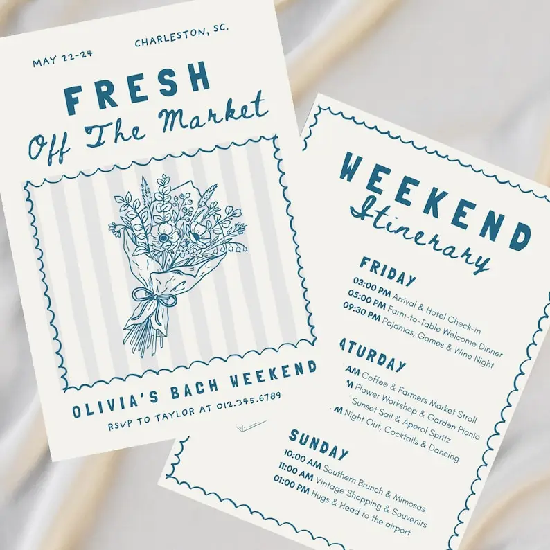 Fresh Off The Market bachelorette invitation in cream with a blue-line hand-drawn bouquet tied in ribbon over pinstripe, scalloped border, shown beside its matching weekend itinerary card listing Friday through Sunday plans