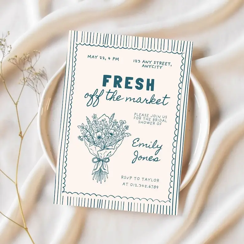 Fresh Off The Market bridal shower invitation with a bundle of stems tied in twine on linen white and leaf green