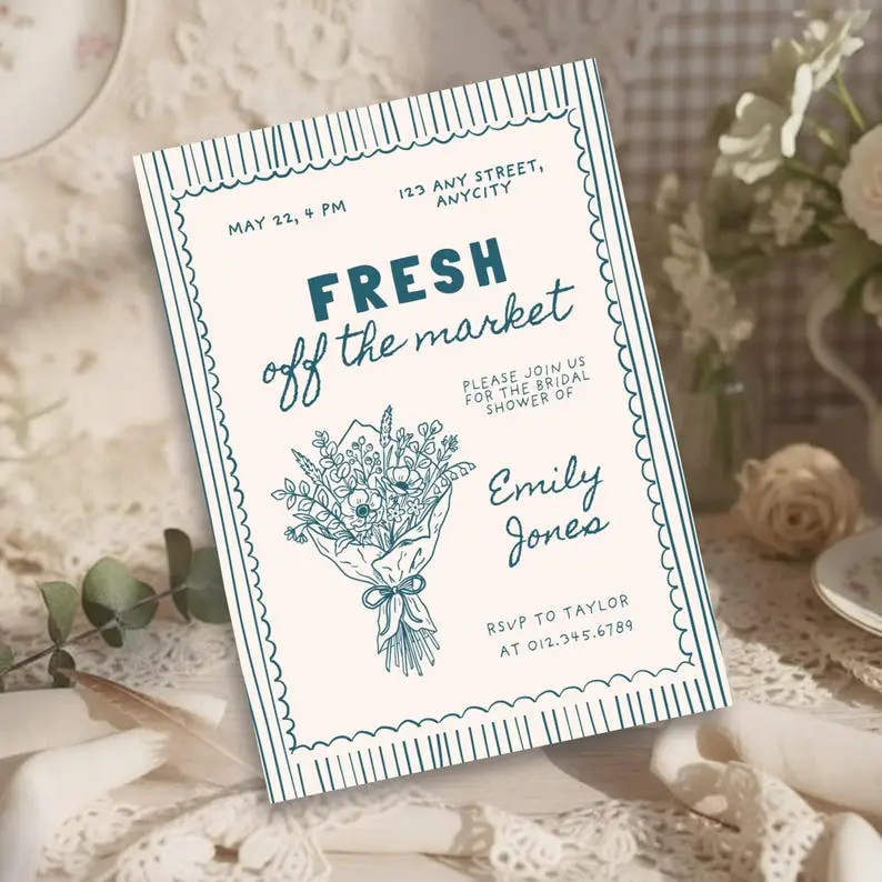 Fresh Off The Market bridal shower invitation with a bundle of stems tied in twine on linen white and leaf green