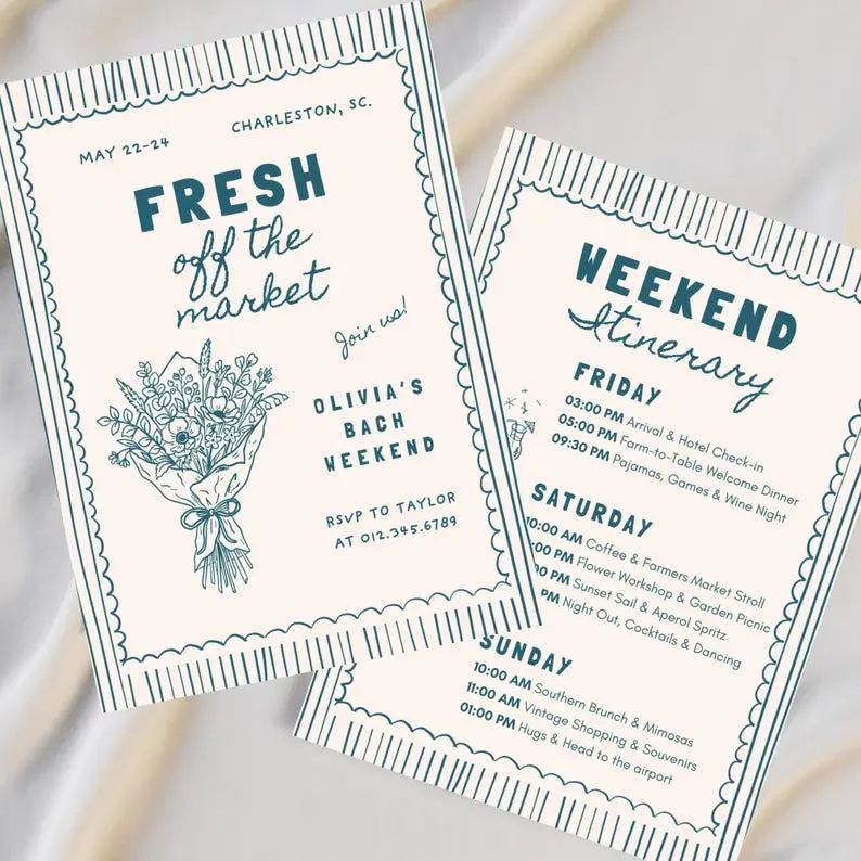 Fresh Off The Market bachelorette invitation with produce-crate lettering, a woven basket and hand-drawn tomatoes in warm red