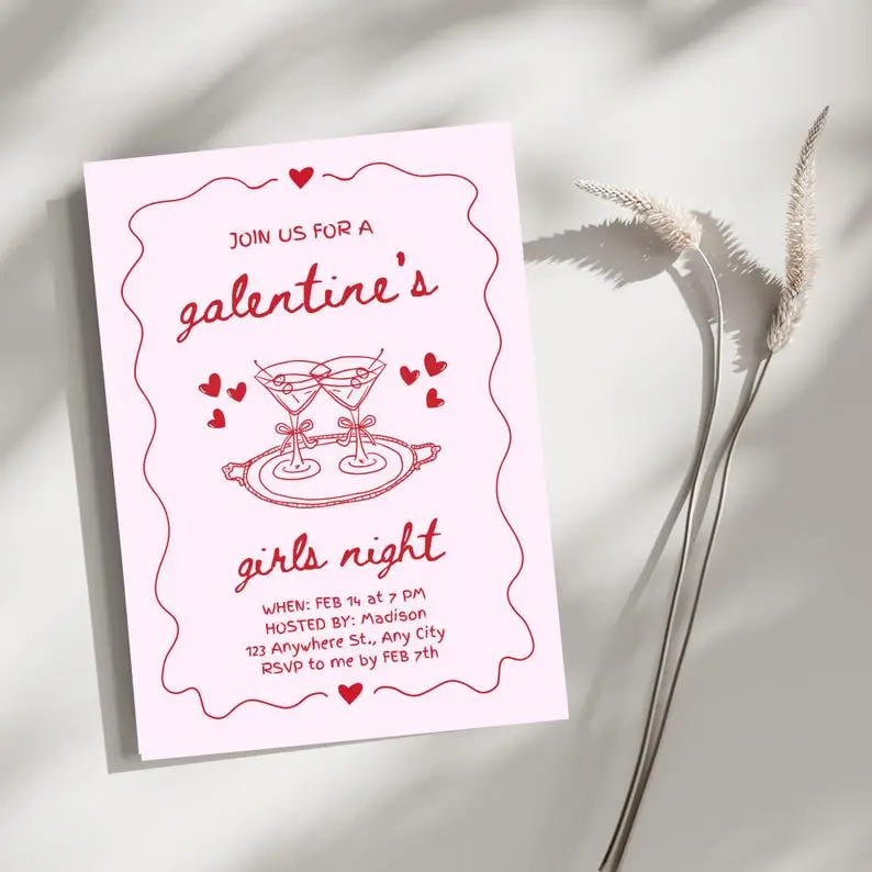Galentine's girls night invitation with a hand-drawn martini glass and single olive in Valentine red on cream