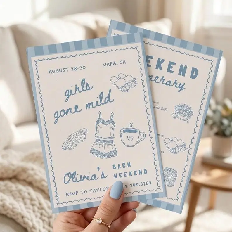 Girls Gone Mild bachelorette invitation in cornflower blue on cream with a gingham border and hand-drawn slippers, sleep mask, cami and heart mug, shown with a matching weekend itinerary card
