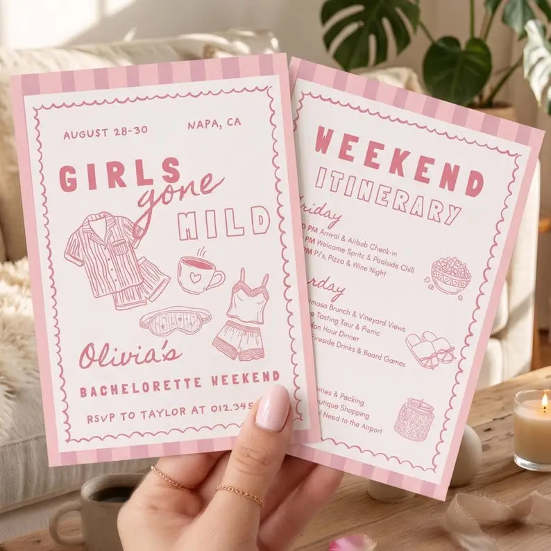 Girls Gone Mild bachelorette invitation in bubblegum pink on cream with a gingham top border and hand-drawn pajama set, sleep mask and heart mug, shown beside a matching weekend itinerary card