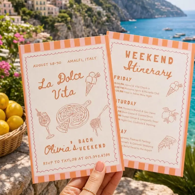 La Dolce Vita bachelorette invitation with hand-drawn lemons and terracotta rooftops on cream, shown beside a matching Amalfi Coast weekend itinerary card