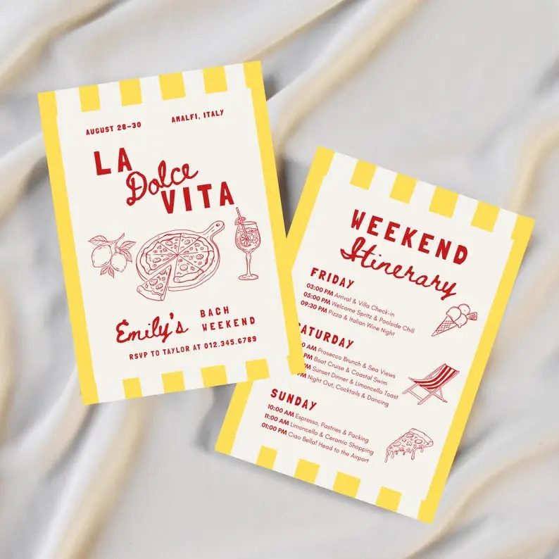 La Dolce Vita bachelorette invitation in red ink on cream with a bright yellow blocked border, showing a hand-drawn pizza, lemons and a spritz glass, beside a matching weekend itinerary card
