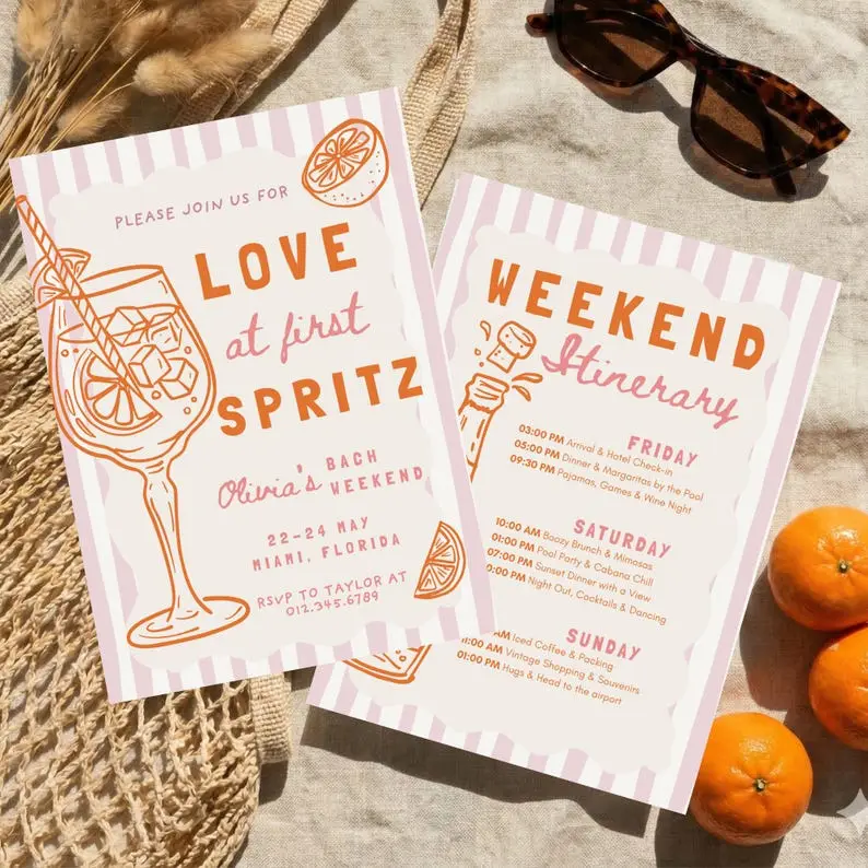 Last at First Spritz bachelorette invitation with striped beach umbrellas and a spritz glass in lemon yellow and sea blue