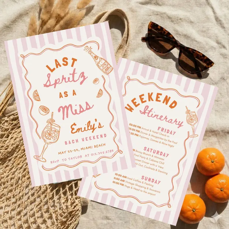 Last Spritz as a Miss bachelorette invitation with a hand-drawn Aperol spritz glass and orange peel on cream, beside a cocktail weekend itinerary