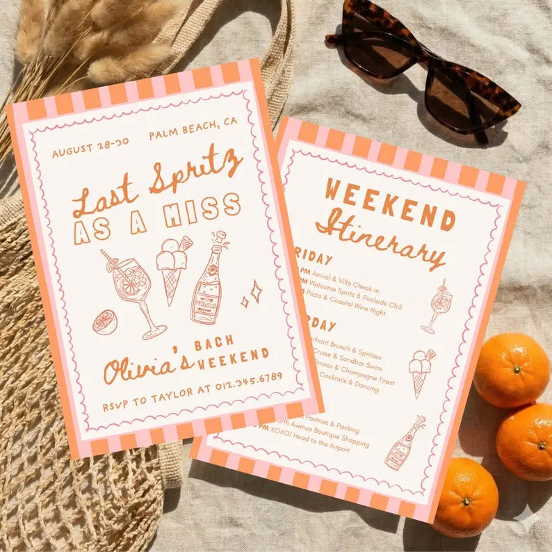 Last Spritz As A Miss bachelorette invitation in coral orange on cream with a pink and orange striped border, showing a hand-drawn spritz, gelato cone, champagne bottle and orange slice, beside a matching itinerary card