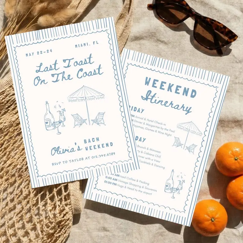 Last Toast On The Coast bachelorette invitation with champagne coupes raised over a Miami blue horizon in matte gold