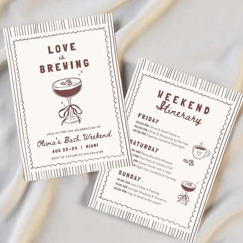Love Is Brewing bachelorette invitation in cocoa ink on cream with a hand-drawn espresso martini tied with a bow, shown beside a matching weekend itinerary card with coffee cup and cocktail icons
