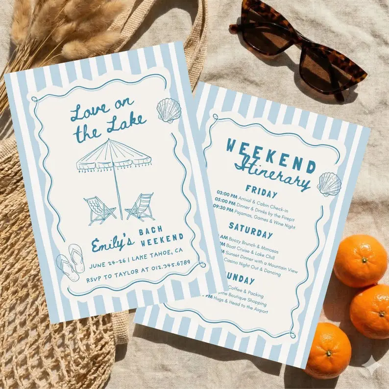 Love on the Lake bachelorette invitation with an outlined rowboat and low sun in still-water blue, beside a lake weekend itinerary card
