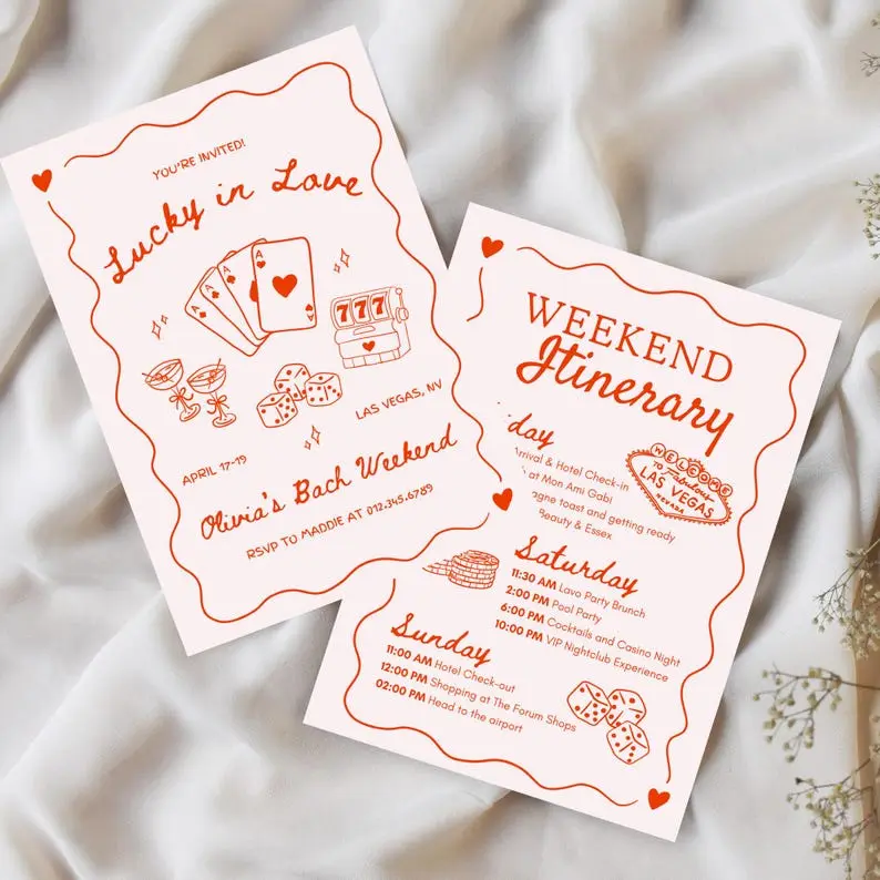 Lucky In Love bachelorette invitation on blush with red-orange ink and a wavy frame, showing a fanned hand of playing cards, a slot machine, dice and two cocktail coupes, beside a matching weekend itinerary card