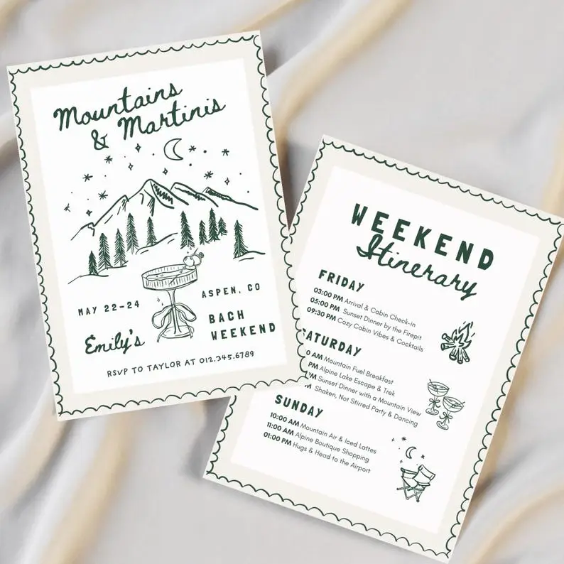 Mountains and Martinis bachelorette invitation with a line-art alpine ridgeline and martini glass in slate blue on warm white