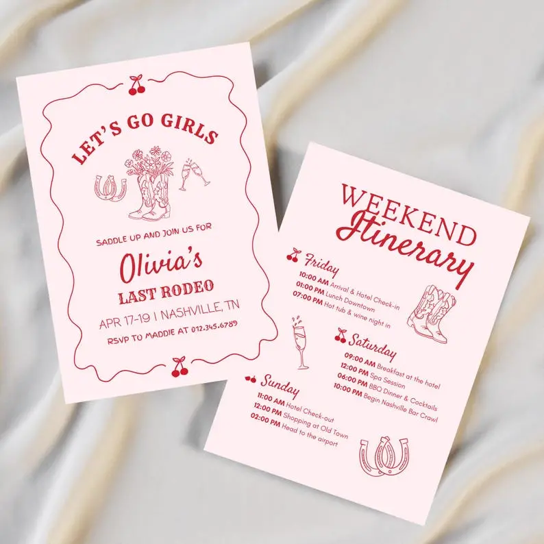 Nashville disco cowgirl bachelorette invitation with a mirror ball and cowgirl boot in hot pink, next to a Music City weekend itinerary card