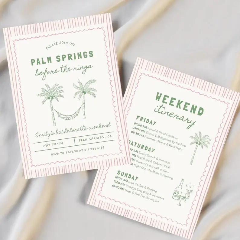 Palm Springs Before The Rings invitation in green ink on cream, with two hand-drawn palm trees and a hammock slung between them inside a pink scalloped border, beside a matching weekend itinerary card