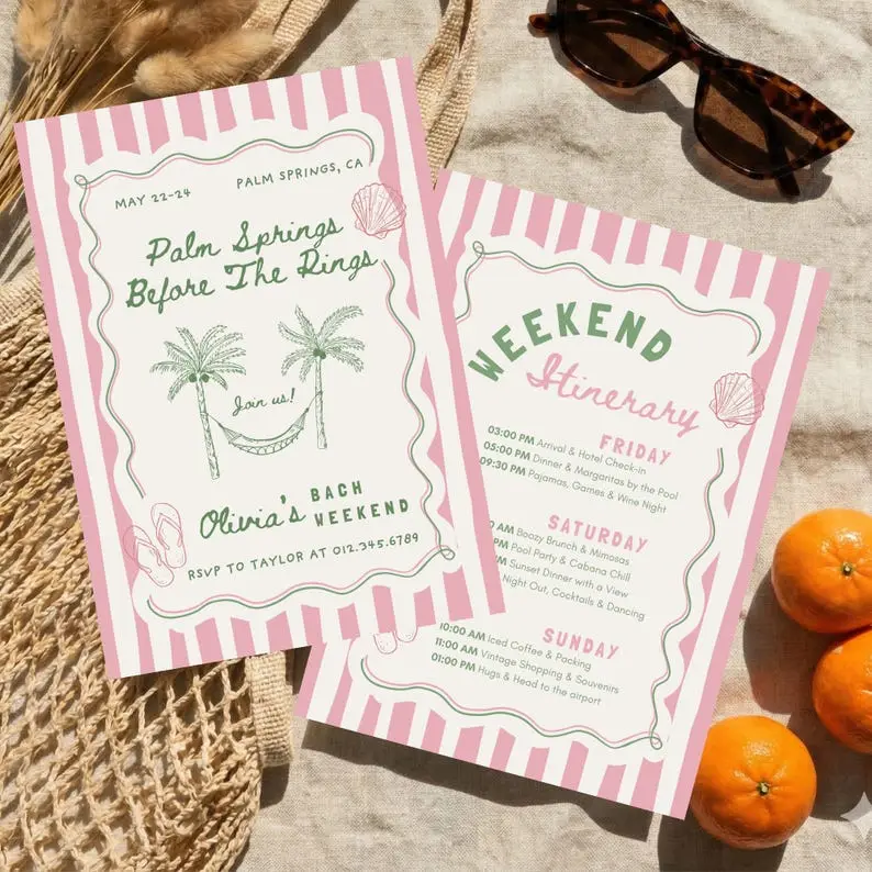 Palm Springs Before The Rings bachelorette invitation with retro cabana stripes in sunset orange and pool blue and a mid-century palm silhouette
