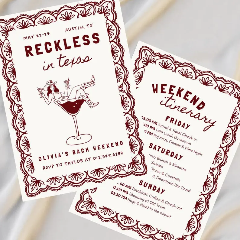 Reckless in Texas bachelorette invitation bundle with a longhorn skull and desert scrub in burnt orange, beside a three-day Austin itinerary