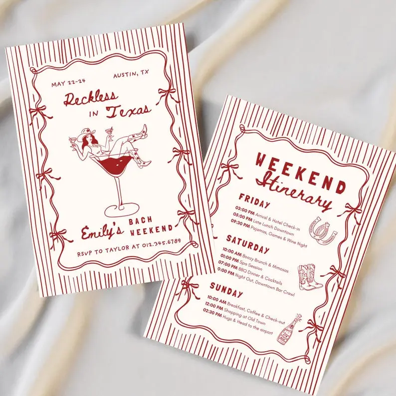 Reckless in Texas bachelorette invitation with line-drawn cactus and a rope border in dust brown, with a two-night Austin itinerary card