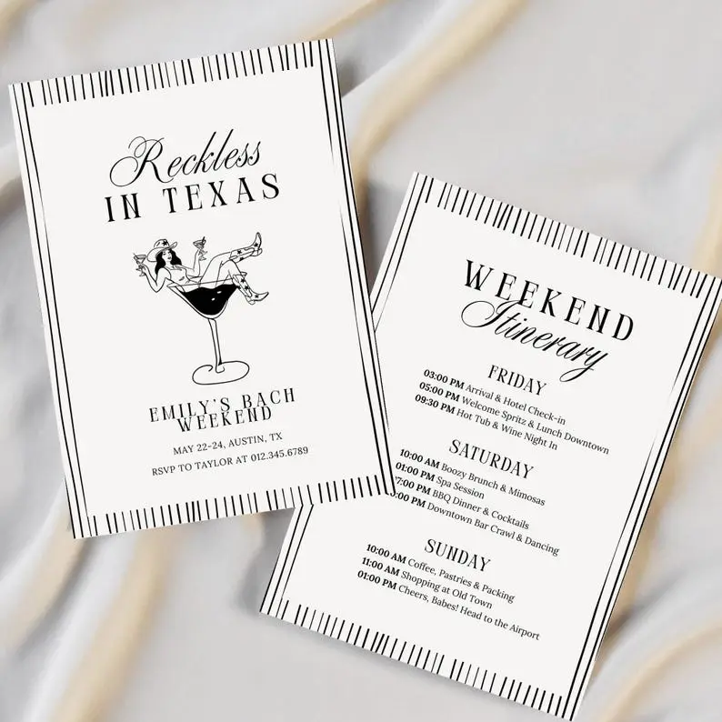 Reckless In Texas bachelorette invitation in black on white with fine ticked stripe borders, showing a hand-drawn cowgirl reclining in a martini glass, beside a matching weekend itinerary card