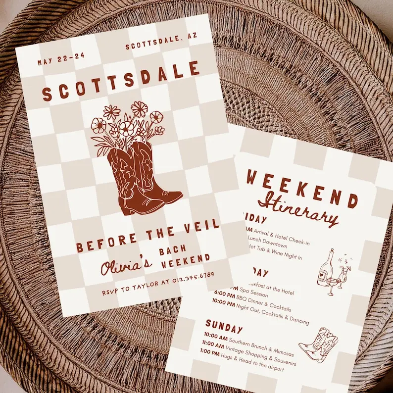 Scottsdale Before The Veil bachelorette invitation in rust and cream checkerboard with a cowboy boot holding a bouquet of wildflowers, shown beside a matching weekend itinerary card