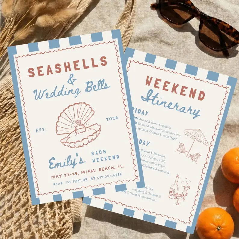 Seashells and Wedding Bells bachelorette invitation with fine scallop shells and a small bell motif in shell pink on off-white