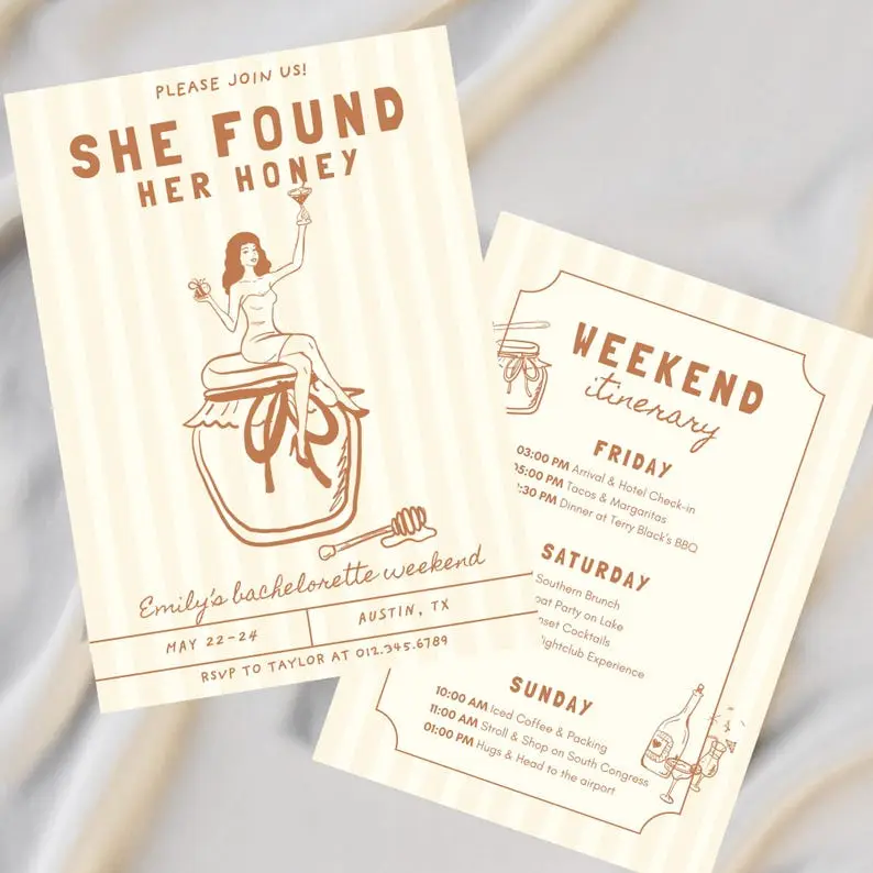 She Found Her Honey bachelorette invitation on a cream and butter striped card in terracotta, with a hand-drawn woman in a slip seated on a honey jar raising a glass, shown with a matching three-day weekend itinerary card