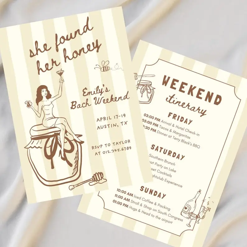 She Found Her Honey bachelorette invitation bundle with honeycomb geometry and a small hand-drawn bee in soft gold