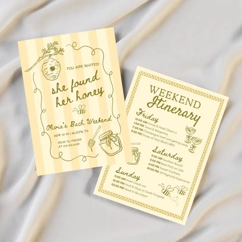 She Found Her Honey bachelorette invitation on a butter yellow striped card in golden brown, with a hand-drawn beehive hanging from a branch, a bee and a honey jar with a dipper, beside a matching weekend itinerary card