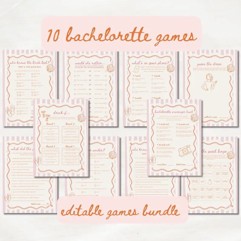 Coastal bachelorette games bundle cards in ocean blue and sand, including bingo and he-said-she-said, laid out on a table