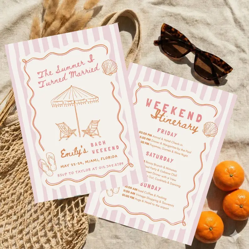 Summer I Turned Married bachelorette invitation in striped ocean blue and sand tones, paired with a coastal beach weekend itinerary card