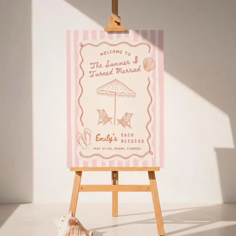 Coastal bachelorette welcome sign poster in ocean blue and sand with the bride's name and weekend dates, sized for large-format print