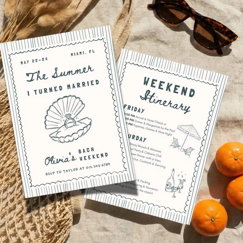 Miami seashell bachelorette invitation with fine-line shells on a bleached coral and sea-glass background, with a matching itinerary card