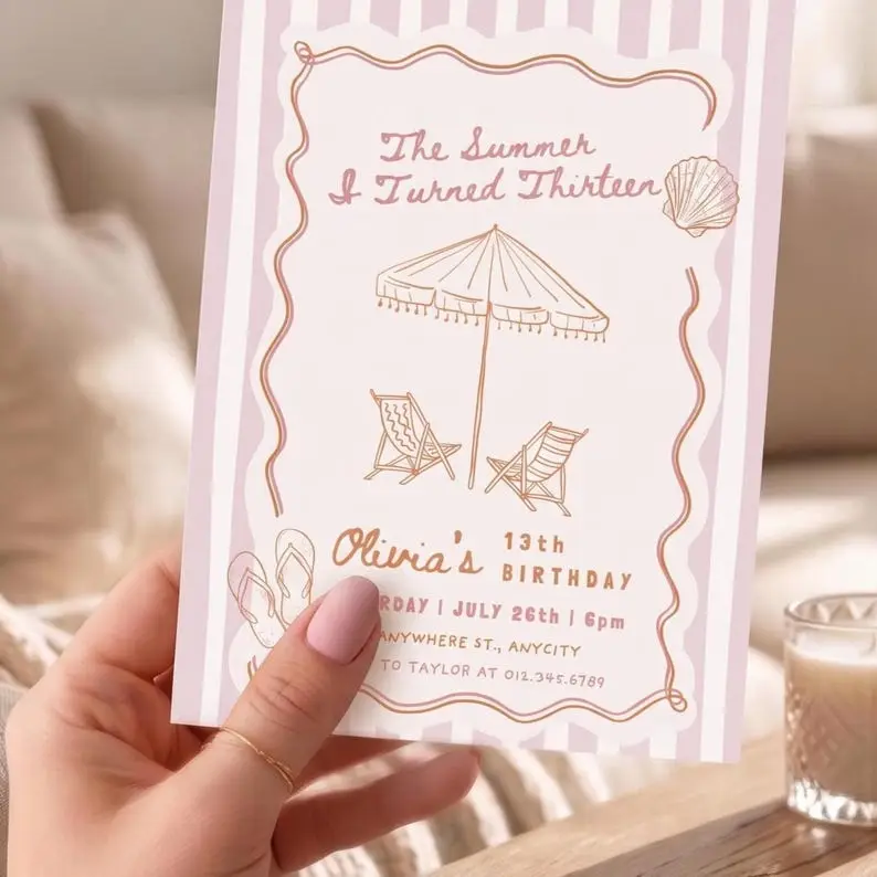 The Summer I Turned Thirteen birthday invitation on a lilac striped card in terracotta ink, with a hand-drawn fringed beach umbrella, two deck chairs, a scallop shell and flip flops inside a wavy frame