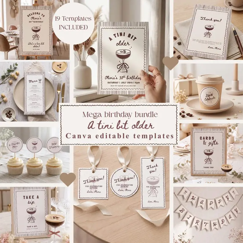 A Tini Bit Older birthday bundle laid out as a collage of welcome sign, menu, thank you cards, cupcake toppers, favor tags and bunting in cream and cocoa, each carrying a hand-drawn espresso martini tied with a bow