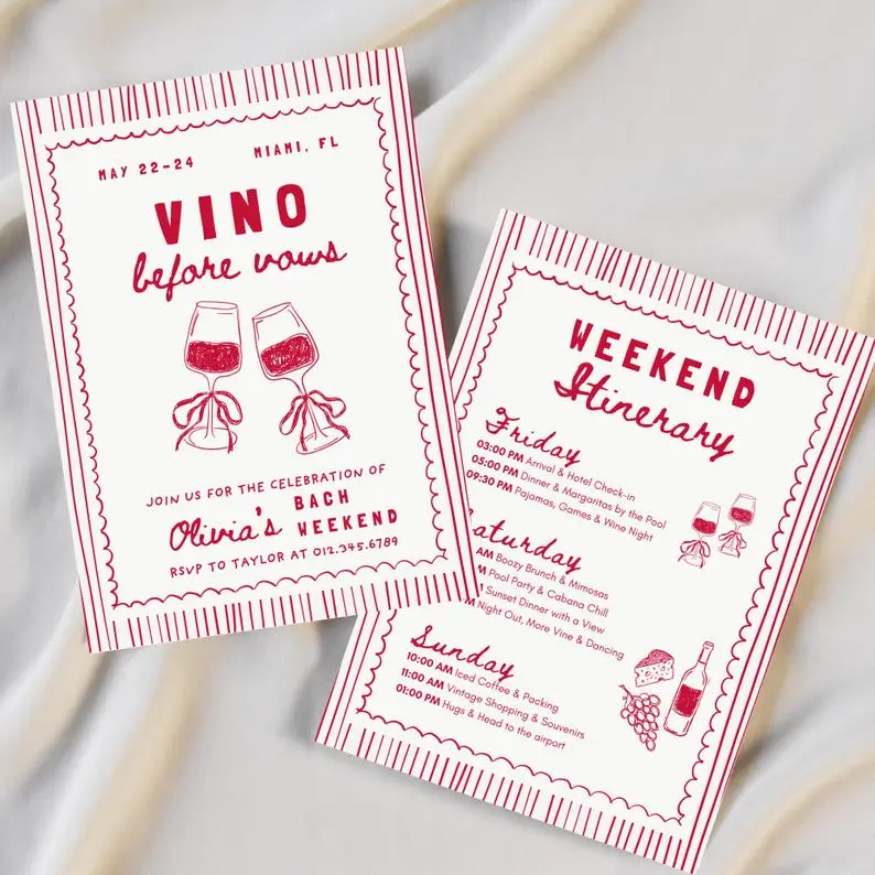 Vino Before Vows bachelorette invitation with a hand-drawn wine glass and grape leaf in dusty burgundy on cream, with a tasting itinerary card